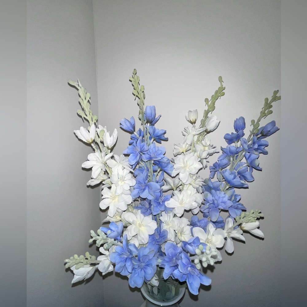 Delphinium Artificial Flowers (2 Blue + 2 white) Larkspur Silk Flowers Long Stem